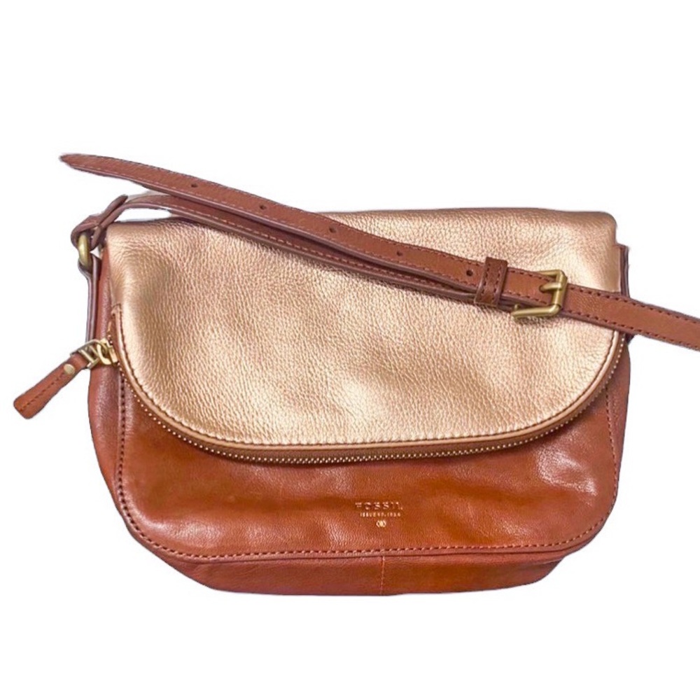 Fossil Two-Tone Metallic Rose Gold and Brown Leather Crossbody Bag